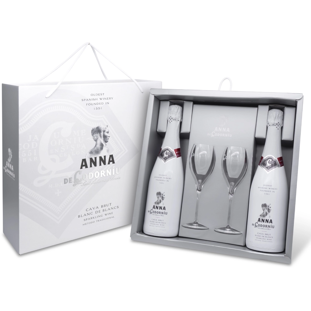 Подарочный набор  Cava   Anna de Codorniu  Blanc de Blancs  Brut  ( подарочный набор из 2-х бутылок с 2-мя бокалами) 750 мл 11,5 %