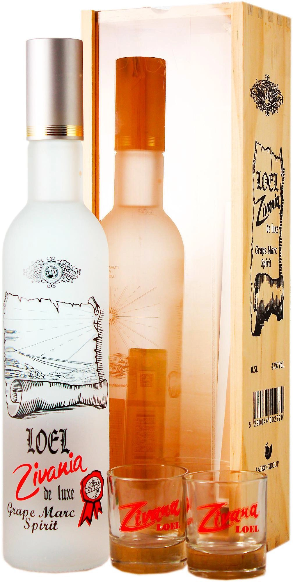 Водка LOEL LTD, «ZIVANA», ЛОЕЛ, "Зивания Зивана де Люкс Лоел" 47%, в п/у с двумя стаканами 0,5л