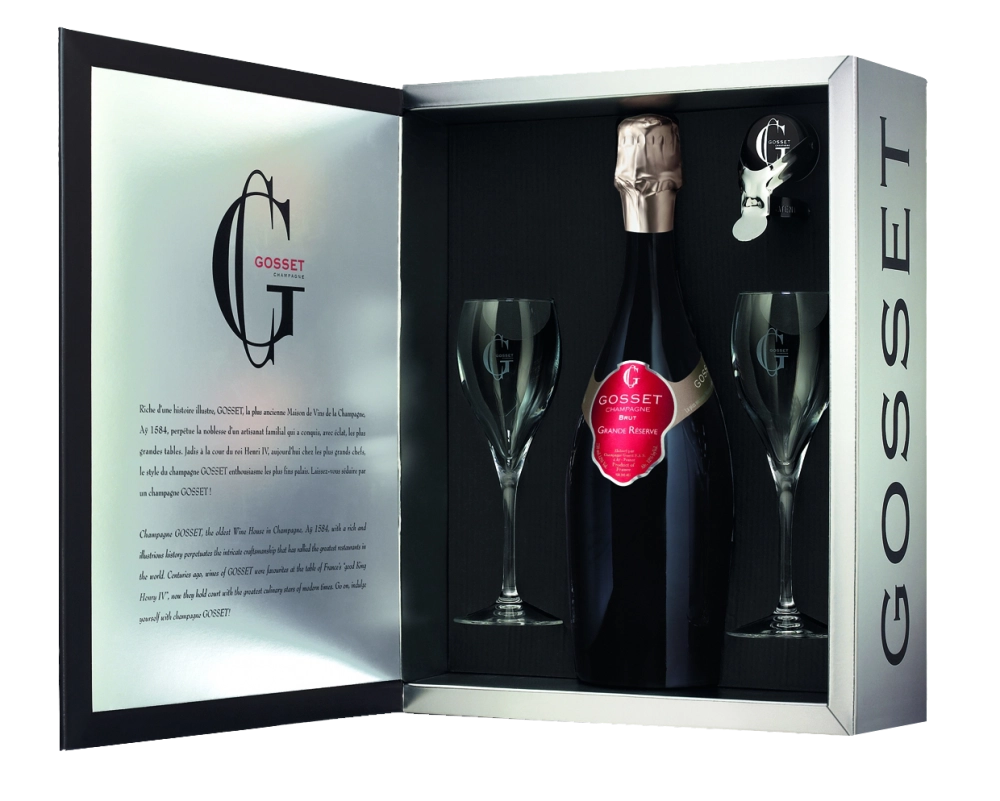 Шампанское Gosset Grande Reserve Brut  set with 2 glasses and stopper  750 мл