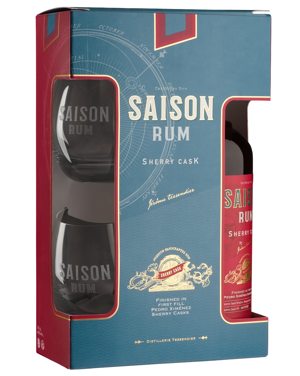 Подарочный набор Gift box Rum "Saison" Sherry Cask with 2 glasses VERRE AMETISTA SAISON RUM  Сэзон Шерри Каск с 2 бокалами Верре Аметиста Сэзон Ром 700 мл