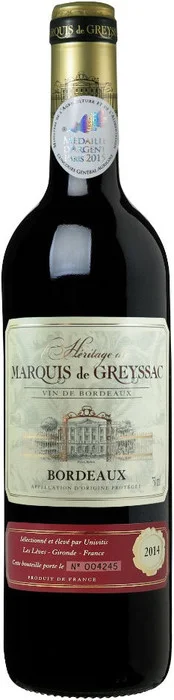 Вино Marcuis de Greyssac Bordeaux AOC Маркиз де Грейсак Бордо 2015 750 мл
