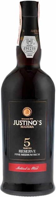Вино Justino's Madeira Wines  Reserve Fine Medium Rich 5 Years Old Madeira DOP  Жустино'с Мадейра Вайнс  Резерв Файн Медиум Рич 5 лет выдержки 750 мл  19%