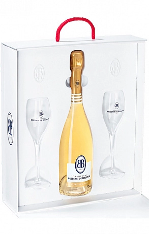 Набор Besserat de Bellefon, "Cuvee des Moines" Brut Blanc de Blancs, gift box with 2 glasses  Бессера де Бельфон, "Кюве де Муан" Брют Блан де Блан 750 мл  в подарочной коробке с 2 бокалами