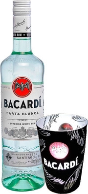 Ром Bacardi Carta Blanca  gift box with luminous glass  1000 мл