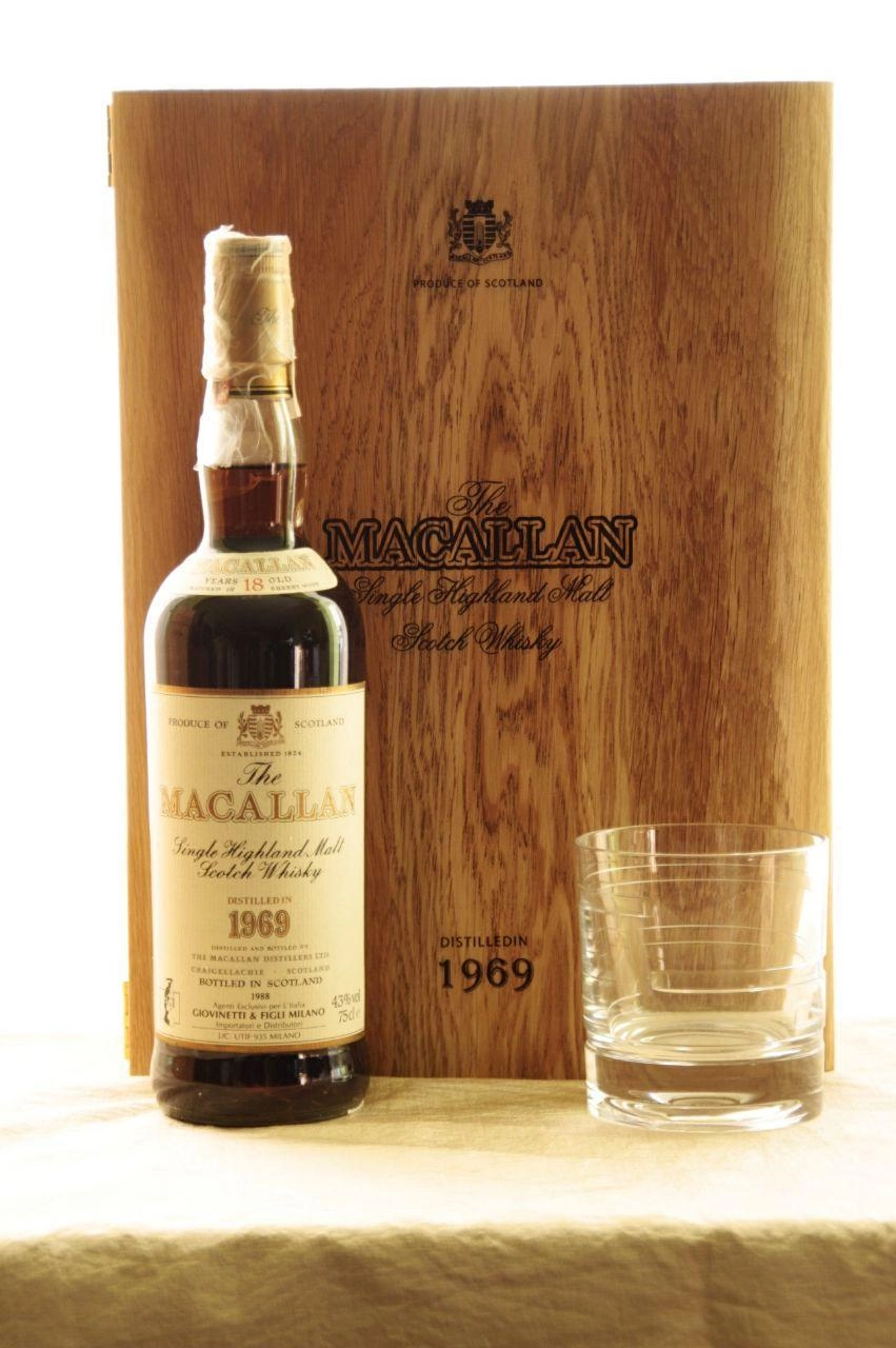 Виски The Macallan 1969  Matured in Sherry Wood 43%   75 cl  в подарочной коробке из дуба и с хрустальным бокалом