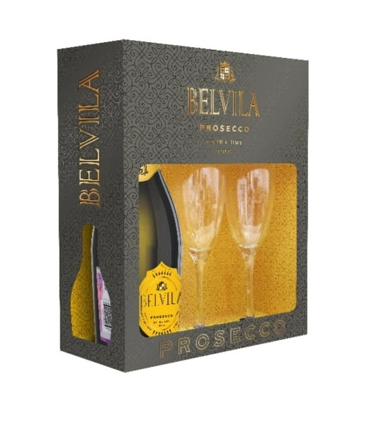 Подарочный набор Belvila Prosecco DOC Spumante Extra Dry Villa degli Olmi (gift box with 2 glasses) 750 мл