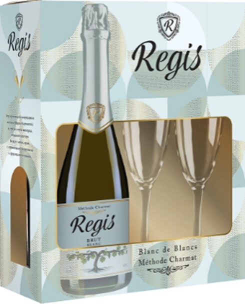 Подарочный набор   Regis Blanc Brut, gift box with 2 glasses Режи Блан Брют 750 мл  в подарочной коробке с 2 бокалами