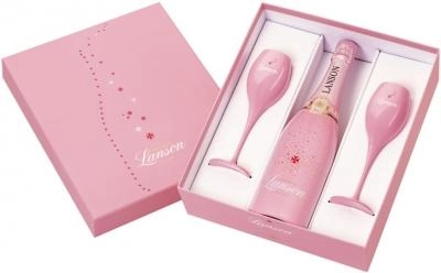 Винный набор Lanson Rose Label Brut Rose pink coated & 2 glasses gift box Лансон Розе Лейбл Брют Розе, розовая бутылка и 2 бокала в подарочной коробке  2015 750 мл