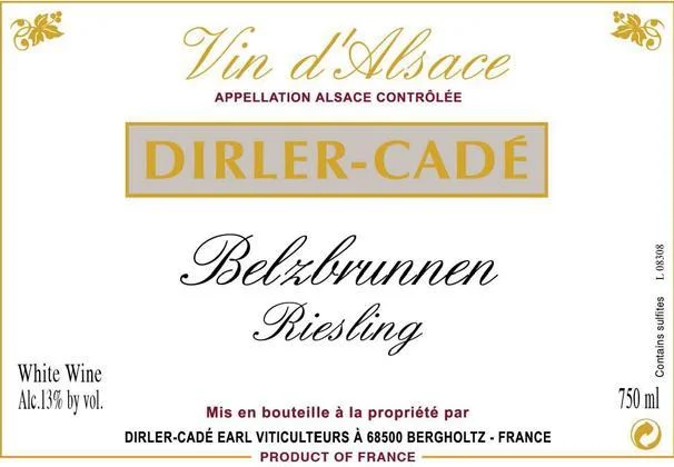 Вино Dirler-Cadе Riesling Lieu-Dit Belzbrunnen Vendages Tardives Alsace AOC  Дирле Каде Рислинг Лье-Ди Белзбрунен Вандаж Тардив Эльзас 2014 750 мл