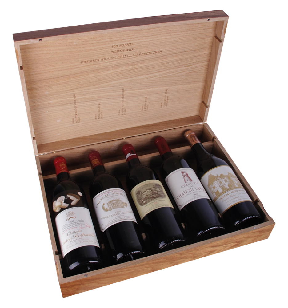 Набор 100 points Bordeaux 1er Grand Cru Classe: Chateau Lafite Rothschild 1986, Chateau Latour 2003, Chateau Morgaux 2000, Chateau Haut-Brion 2005, Chateau Mouton Rothschild 1982