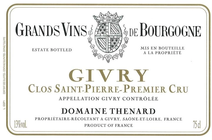 Вино Domaine Thenard Givry Premier Cru Clos Saint-Pierre Monopole  2019  750 мл