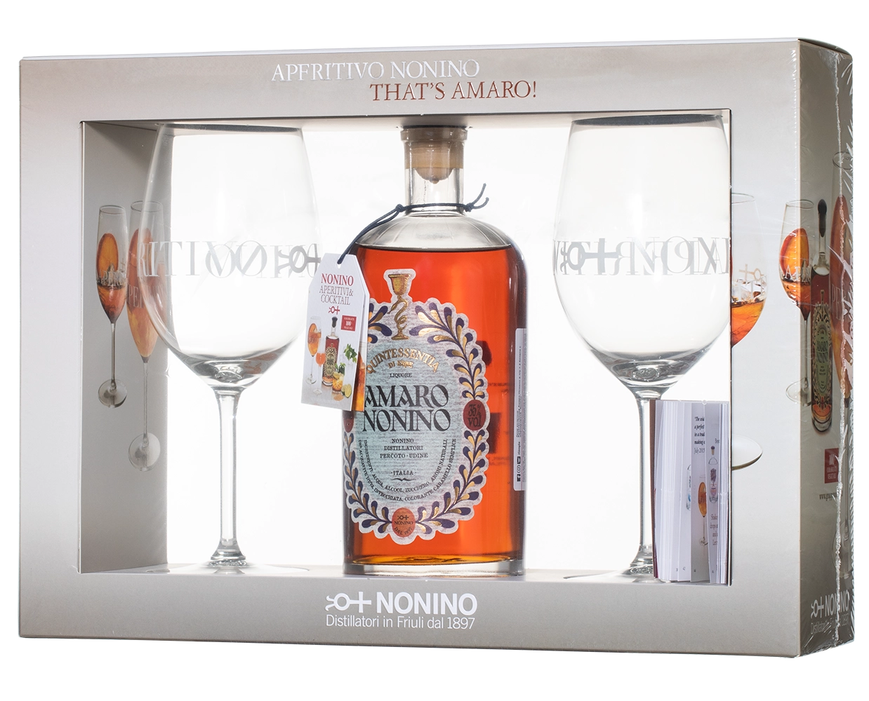 Ликер Nonino Amaro Quintessentia gift box Нонино Амаро Куинтессентиа в подарочной упаковке с двумя бокалами 700 мл