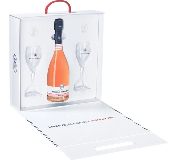 Набор Besserat de Bellefon, "Cuvee des Moines" Brut Rose, plastic box with 2 glasses   Бессера де Бельфон, "Кюве де Муан" Брют Розе, в подарочной  коробке с 2 бокалами  750 мл