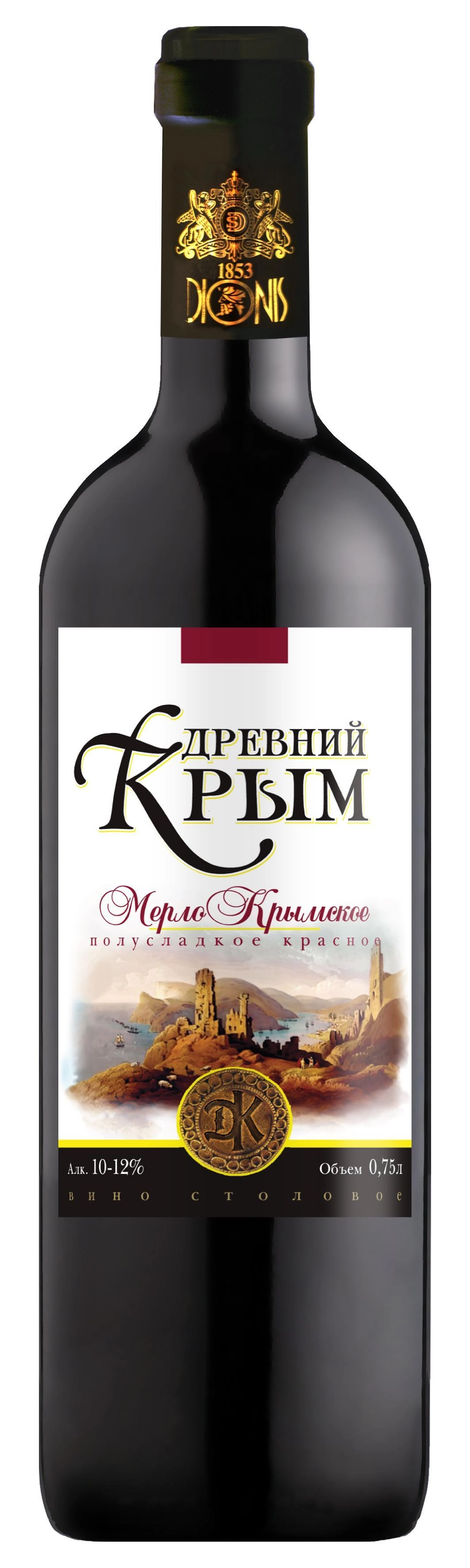 Вино  "Древний Крым Мерло Крымское" столовое полусладкое красное 10-12%