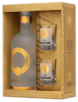 Водка Царская Золотая Кошерная     подарочная упаковка 700 мл + 2 стопки