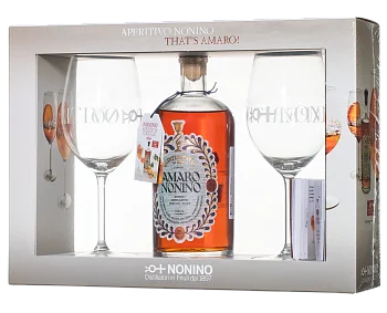 Ликер Nonino Amaro Quintessentia gift box Нонино Амаро Куинтессентиа в подарочной упаковке с двумя бокалами 700 мл