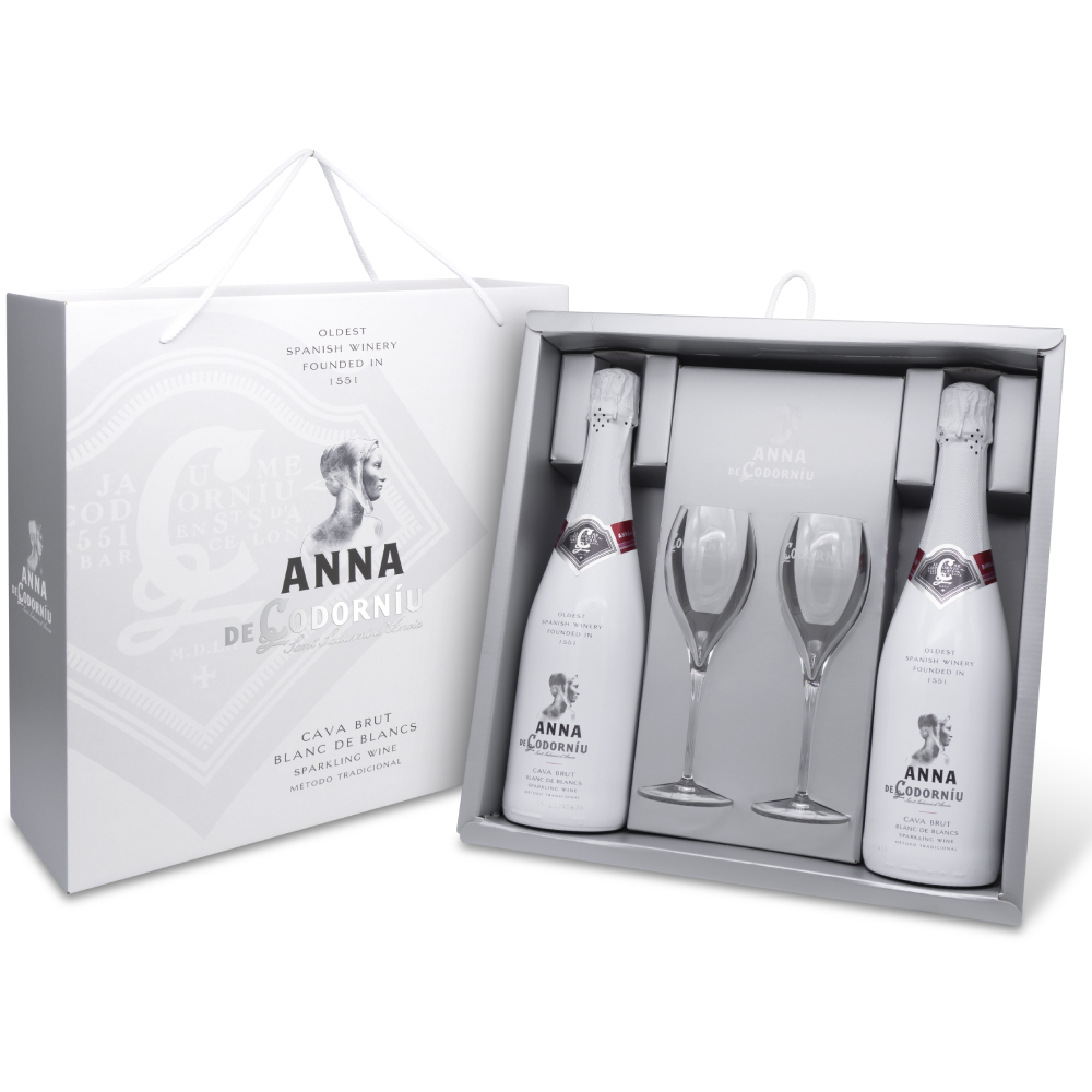 Подарочный набор  Cava   Anna de Codorniu  Blanc de Blancs  Brut  ( подарочный набор из 2-х бутылок с 2-мя бокалами) 750 мл 11,5 %