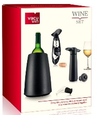 Подарочный набор VacuVin Wine Set (штопор Twister+охладительная рубашка Rapid Ice Prestige для вина емкостью 0,75л чёрный пластик+вакуумный насос WineSaver чёрный+2 пробки для WineSaver+2 каплеуловителя Wine Server Crystal)