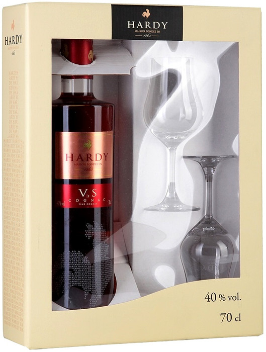 Подарочный набор Hardy VS, Fine Cognac, gift set with 2 glasses Арди ВС 700 мл  с двумя бокалами