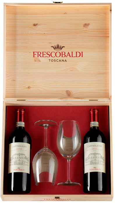 Набор Marchesi de Frescobaldi  Castiglioni Chianti DOCG gift set for 2 bottle and 2 glass  Маркези ди Фрескобальди  Кастильони  Кьянти  подарочный набор из 2 бутылок и 2 бокалов   750 мл