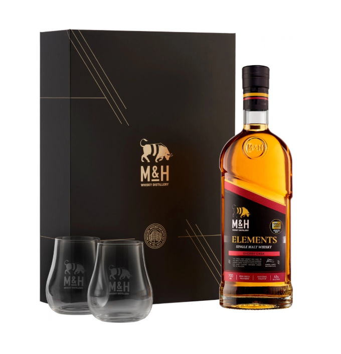 Набор виски M&H  Elements Sherry  gift box with 2 glasses