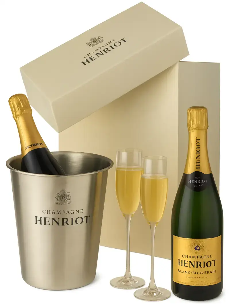 Шампанское Henriot Blanc de Blancs плюс подарочный набор из 2 флютов и ведёрка в картонной коробке 