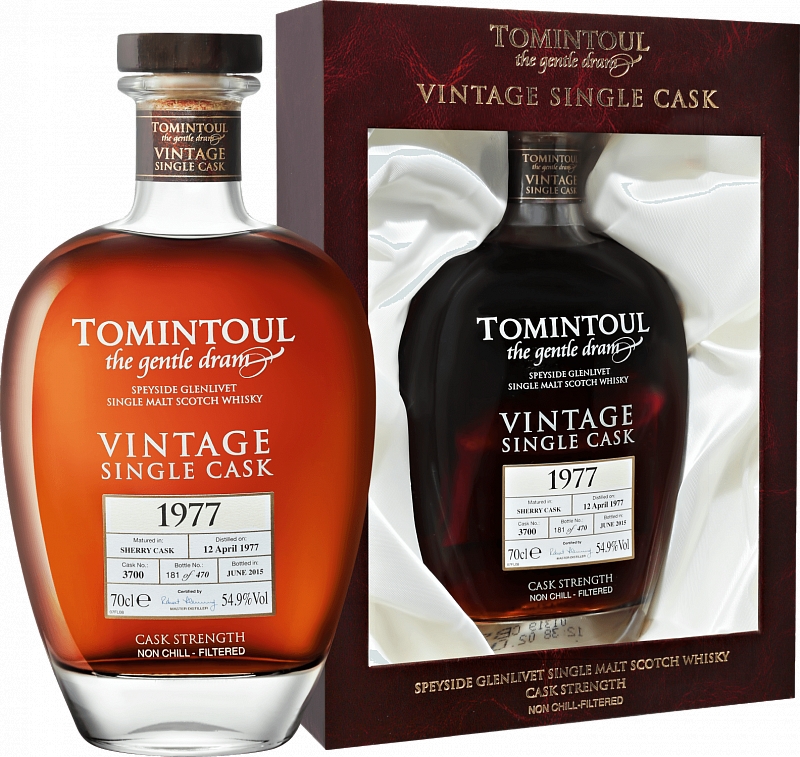 Виски  Tomintoul Speyside Glenlivet Single Sherry Cask Single Malt Scotch Whisky  Томинтул Спейсайд Гленливет Сингл Шерри Каск Сингл Молт 1977  в подарочной упаковке700 мл