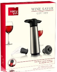 Вакуумный насос VacuVin Wine Saver Stainless Steel (1 pump, 2 st., 2 crystals), материал: нержавеющая сталь, подарочная коробка  (1 насос+2 пробки+2 каплеуловителя)