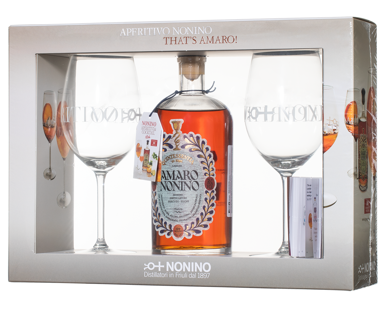 Ликер Nonino Amaro Quintessentia gift box Нонино Амаро Куинтессентиа в подарочной упаковке с двумя бокалами 700 мл