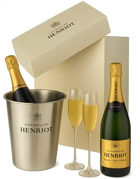 Шампанское Henriot Blanc de Blancs плюс подарочный набор из 2 флютов и ведёрка в картонной коробке 