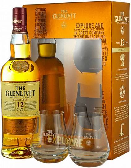 Виски The Glenlivet 12 years Excellence  gift box with 2 glasses  700 мл  40 %